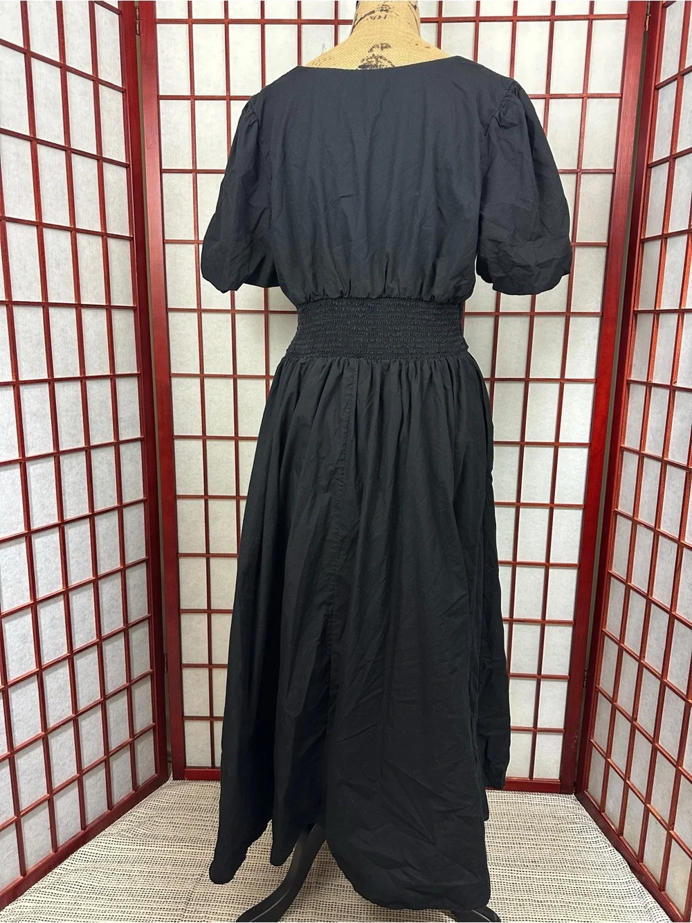 Anthropologie Katerina Midi Dress Black Button Front Puff Sleeves Pockets Chic
